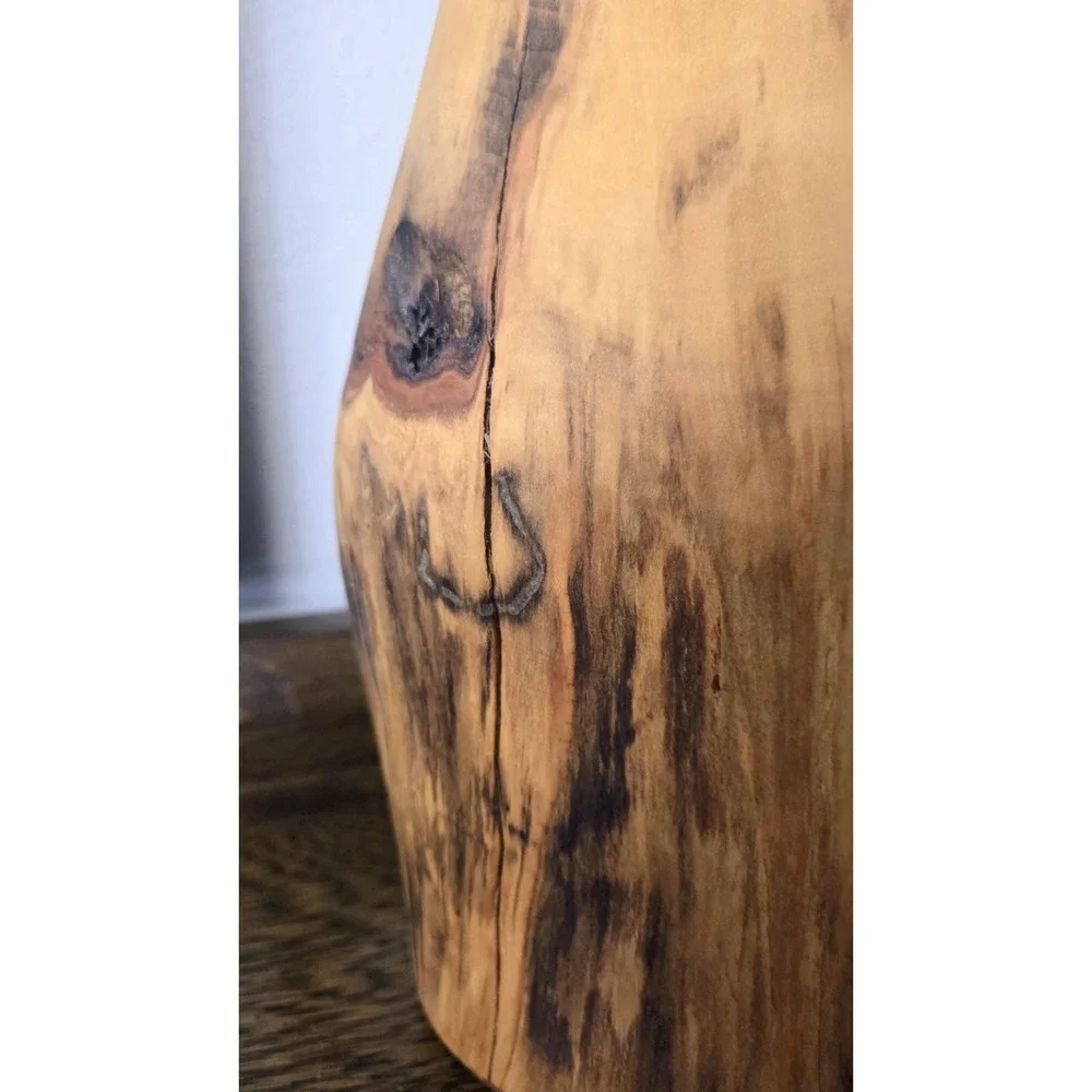 Turned Wooden Vase Rustic Knotty Asymmetrical Flared Rim Solid Piece of Wood 15
